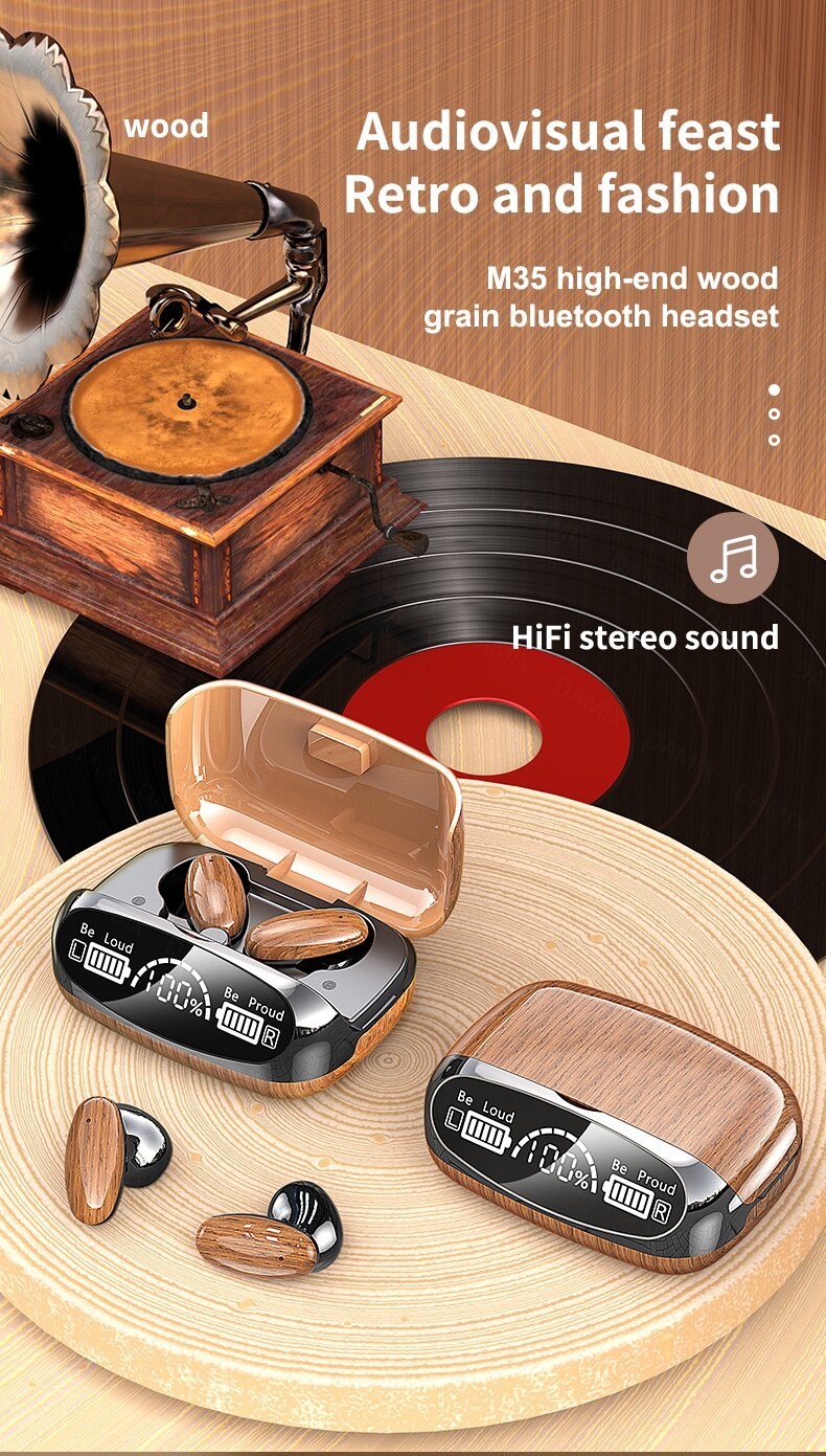 TWS M35 Bluetooth Earbuds Wood Grain Edition | LED Display | Bluetooth 5.2